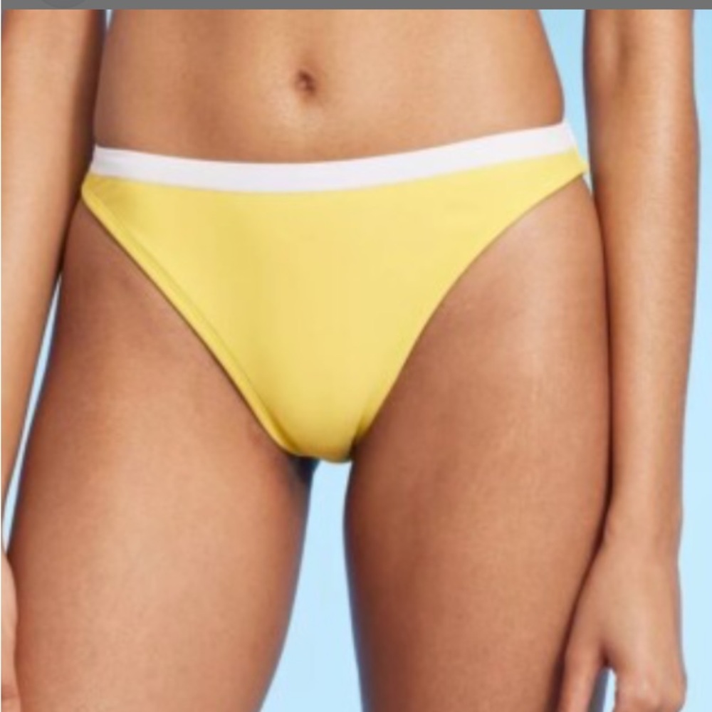 Lemon Yellow with white waistband medium coverage Bikini bottom.